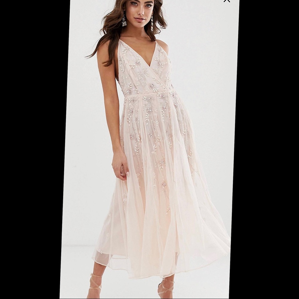 ASOS brand soft pink mid / maxi dress with pearl beaded embellishments